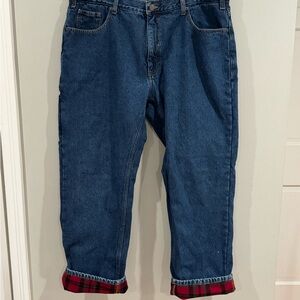 Berkley Jensen Mens 40x30 Denim Carpenter Flannel Red Fleece Lined Jeans Pants
